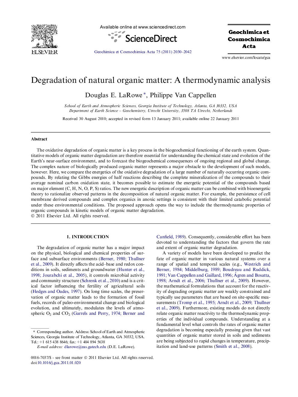 عکس صفحه اول مقاله: Degradation of natural organic matter: A thermodynamic analysis Degradation of natural organic matter: A thermodynamic analysis