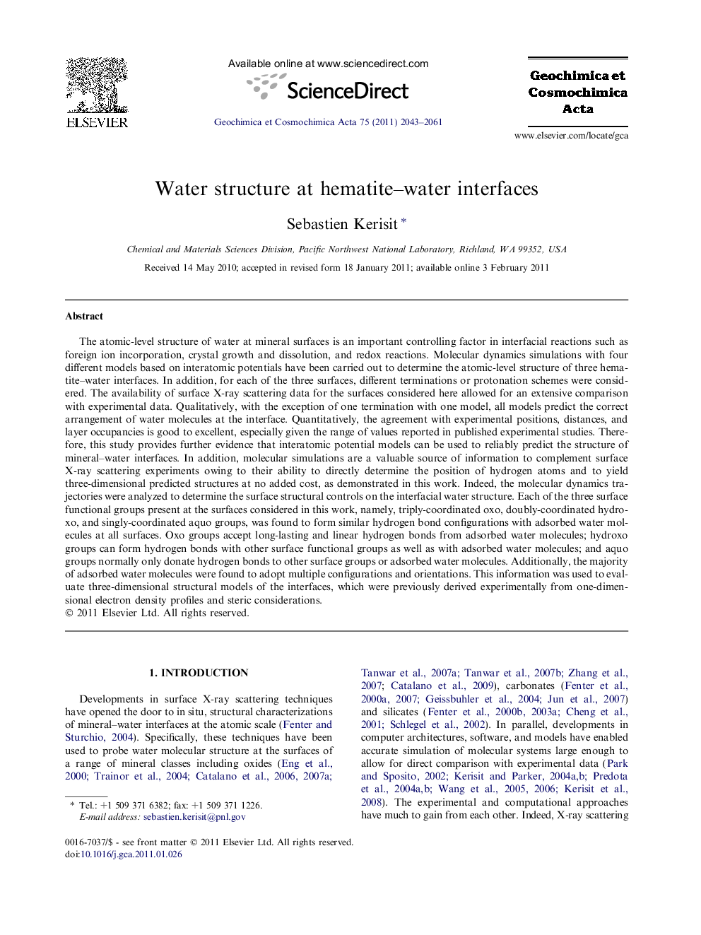 عکس صفحه اول مقاله: Water structure at hematite–water interfaces Water structure at hematite–water interfaces