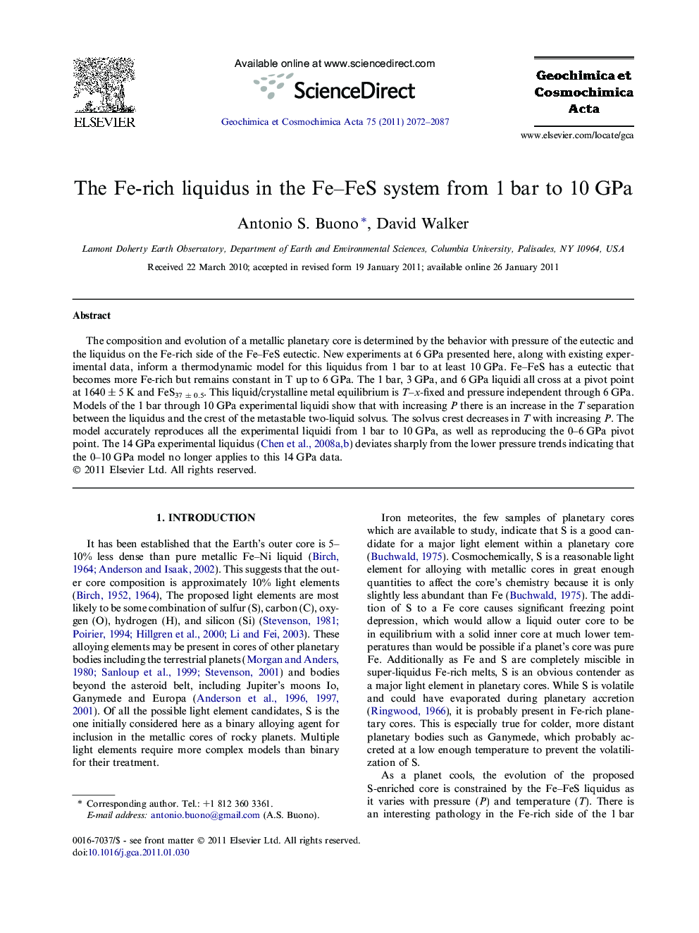 عکس صفحه اول مقاله: The Fe-rich liquidus in the Fe–FeS system from 1 bar to 10 GPa The Fe-rich liquidus in the Fe–FeS system from 1 bar to 10 GPa