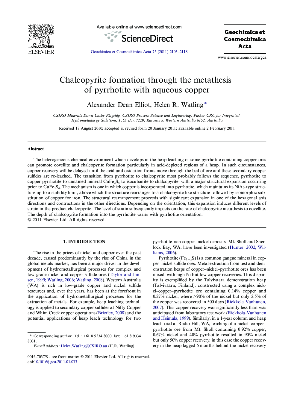 عکس صفحه اول مقاله: Chalcopyrite formation through the metathesis of pyrrhotite with aqueous copper Chalcopyrite formation through the metathesis of pyrrhotite with aqueous copper