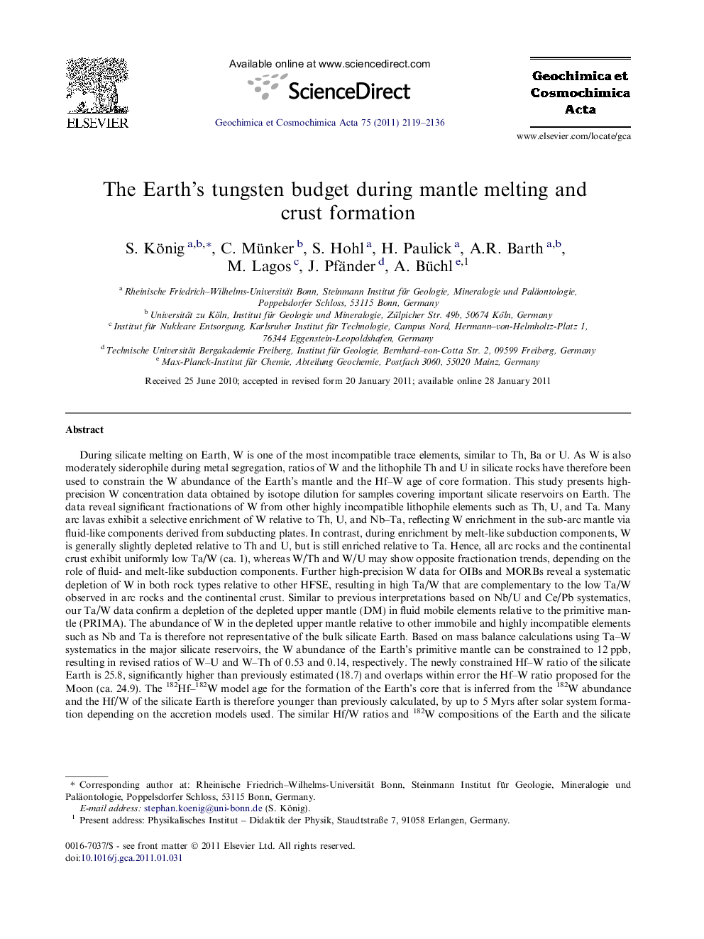 عکس صفحه اول مقاله: The Earth’s tungsten budget during mantle melting and crust formation The Earth’s tungsten budget during mantle melting and crust formation