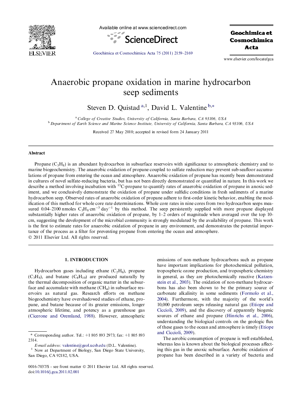 عکس صفحه اول مقاله: Anaerobic propane oxidation in marine hydrocarbon seep sediments Anaerobic propane oxidation in marine hydrocarbon seep sediments