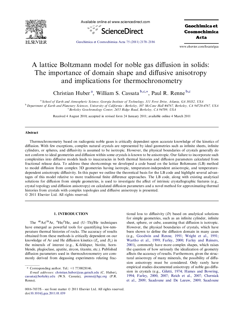 عکس صفحه اول مقاله: A lattice Boltzmann model for noble gas diffusion in solids: The importance of domain shape and diffusive anisotropy and implications for thermochronometry A lattice Boltzmann model for noble gas diffusion in solids: The importance of domain shape and diffusive anisotropy and implications for thermochronometry