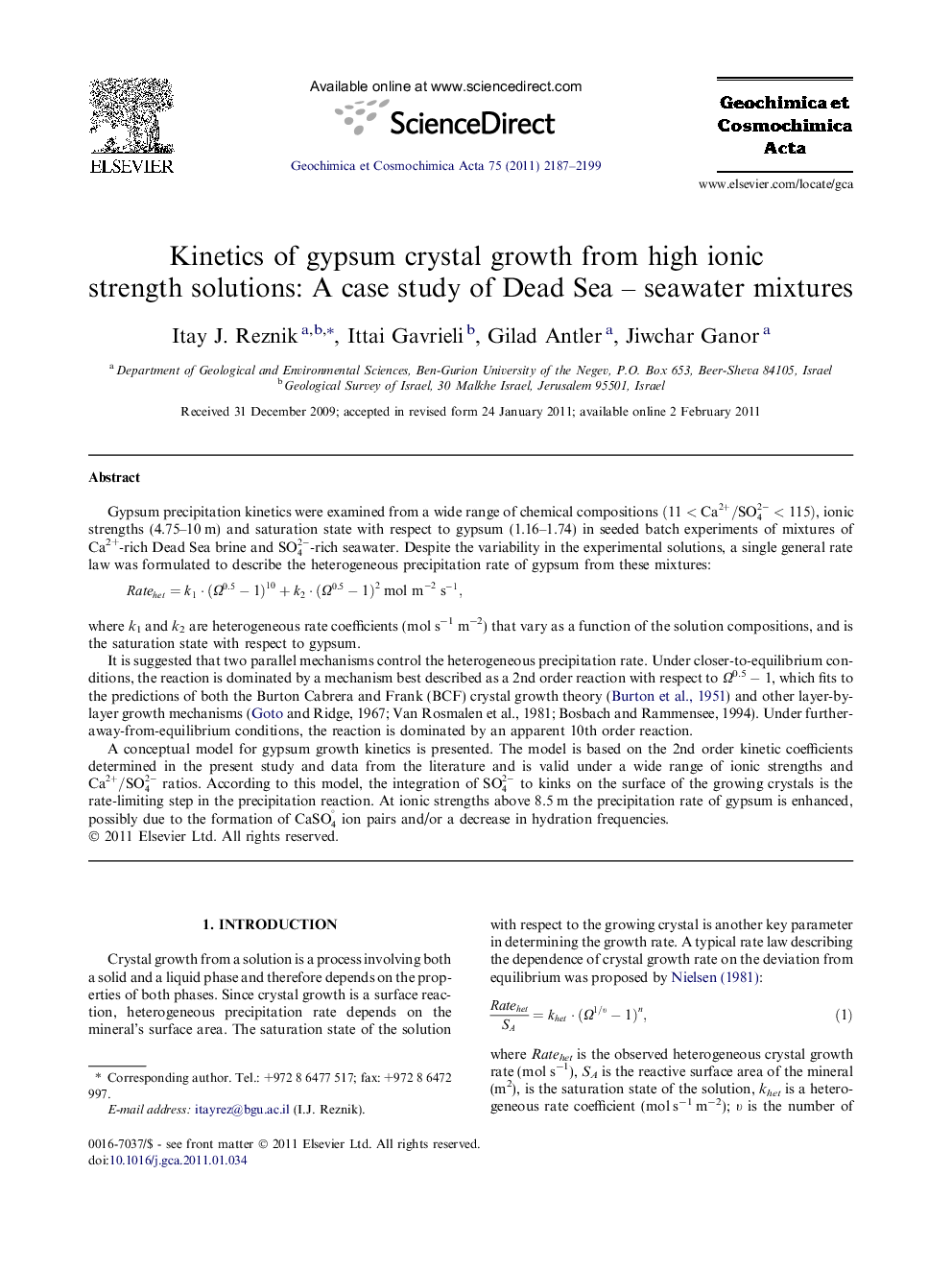 عکس صفحه اول مقاله: Kinetics of gypsum crystal growth from high ionic strength solutions: A case study of Dead Sea – seawater mixtures Kinetics of gypsum crystal growth from high ionic strength solutions: A case study of Dead Sea – seawater mixtures