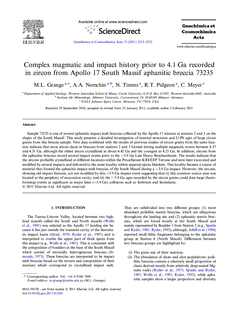 Complex magmatic and impact history prior to 4.1 Ga recorded in zircon from Apollo 17 South Massif aphanitic breccia 73235