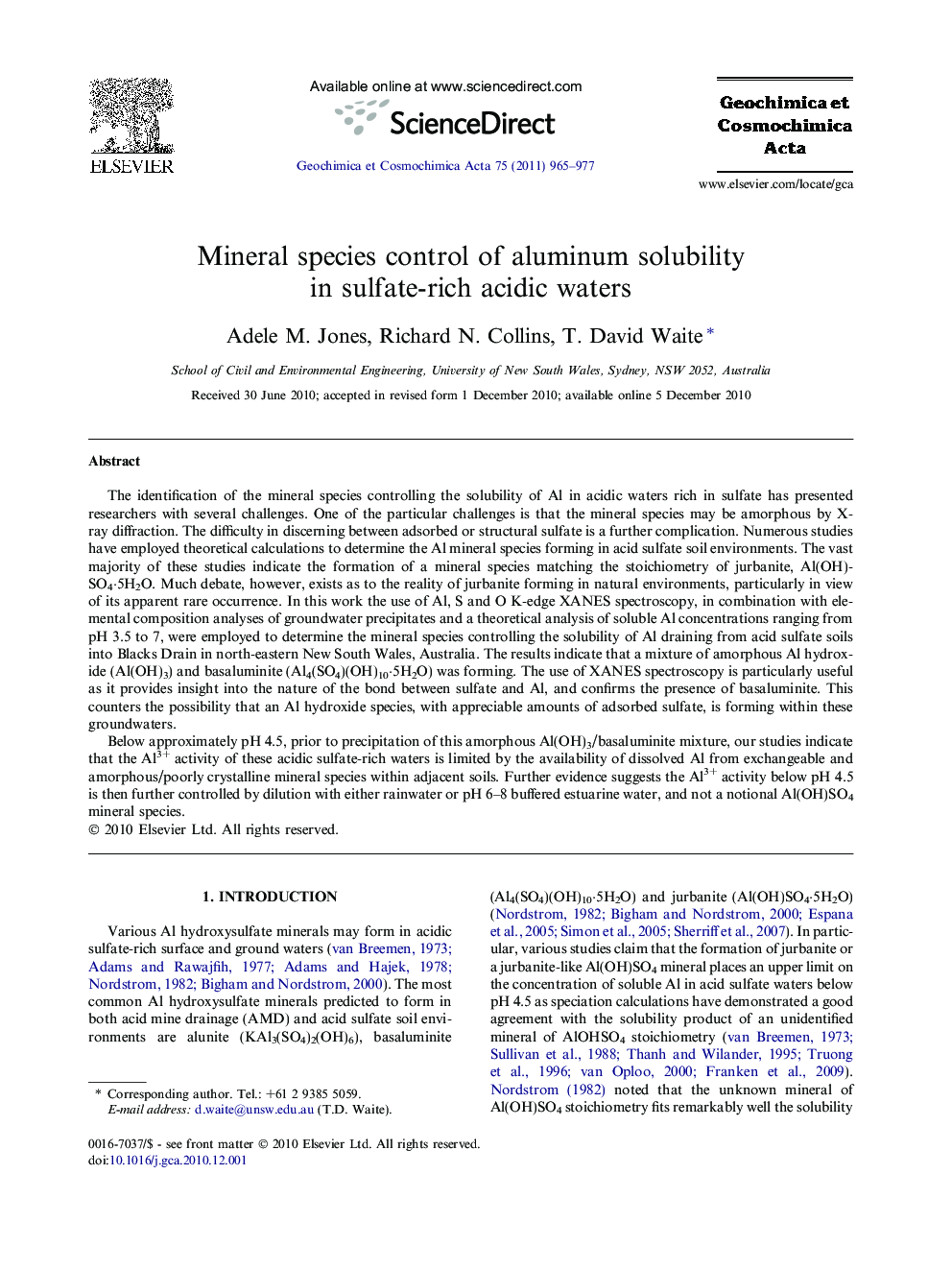 Mineral species control of aluminum solubility in sulfate-rich acidic waters