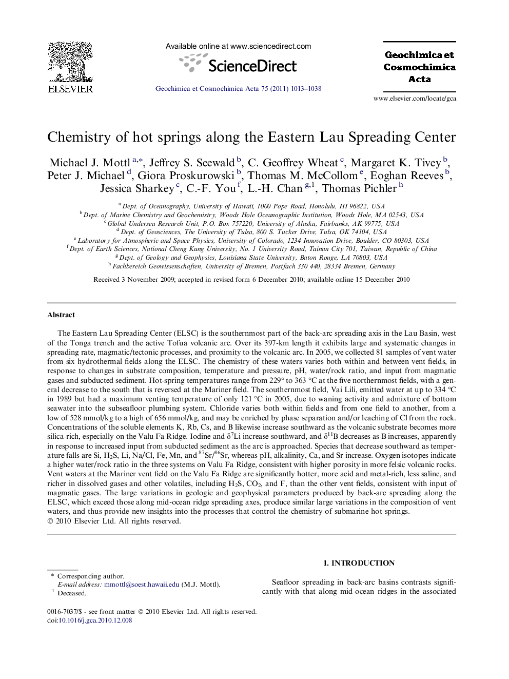 Chemistry of hot springs along the Eastern Lau Spreading Center