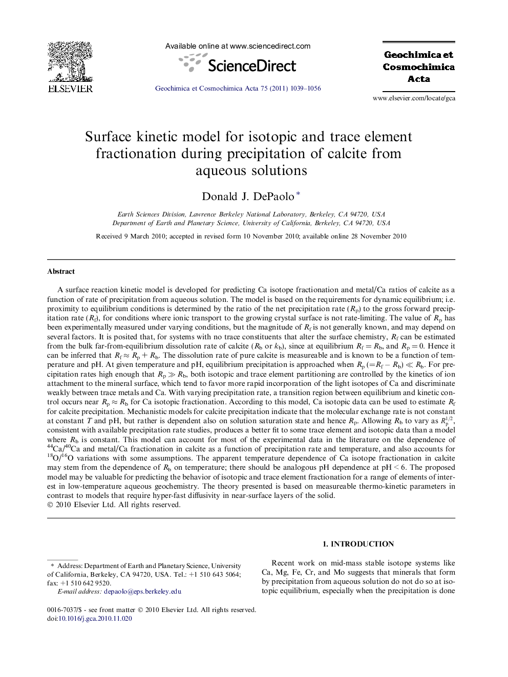 Surface kinetic model for isotopic and trace element fractionation during precipitation of calcite from aqueous solutions
