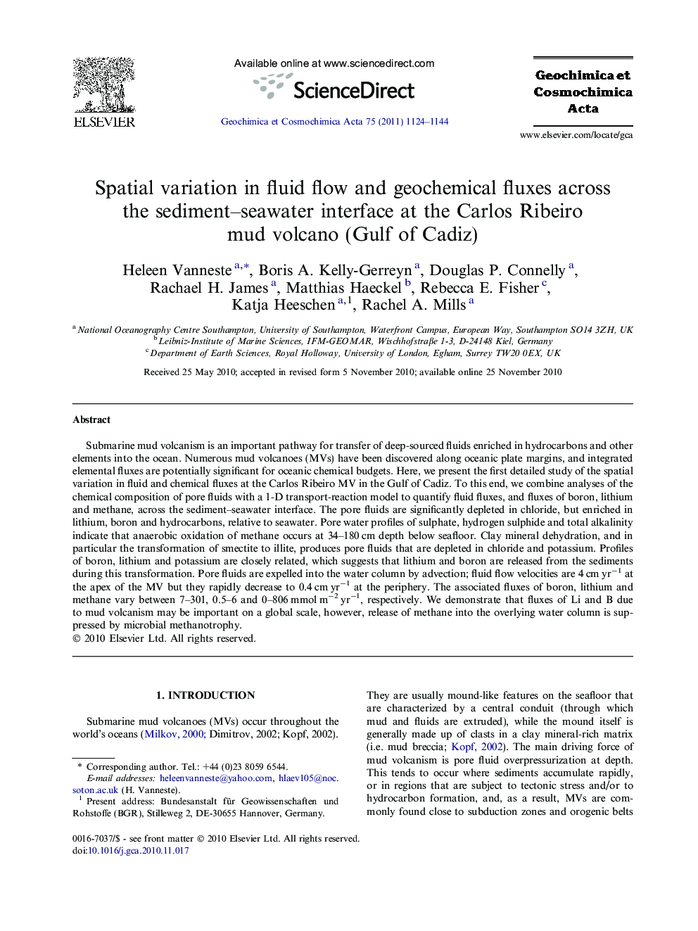 Spatial variation in fluid flow and geochemical fluxes across the sediment–seawater interface at the Carlos Ribeiro mud volcano (Gulf of Cadiz)