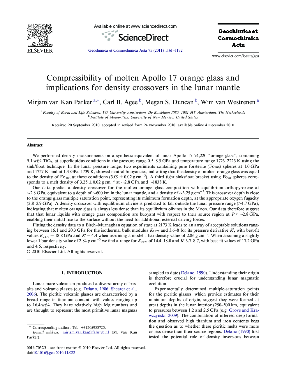 Compressibility of molten Apollo 17 orange glass and implications for density crossovers in the lunar mantle