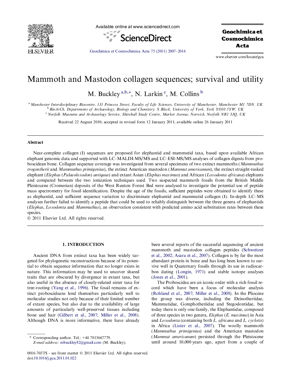 Mammoth and Mastodon collagen sequences; survival and utility