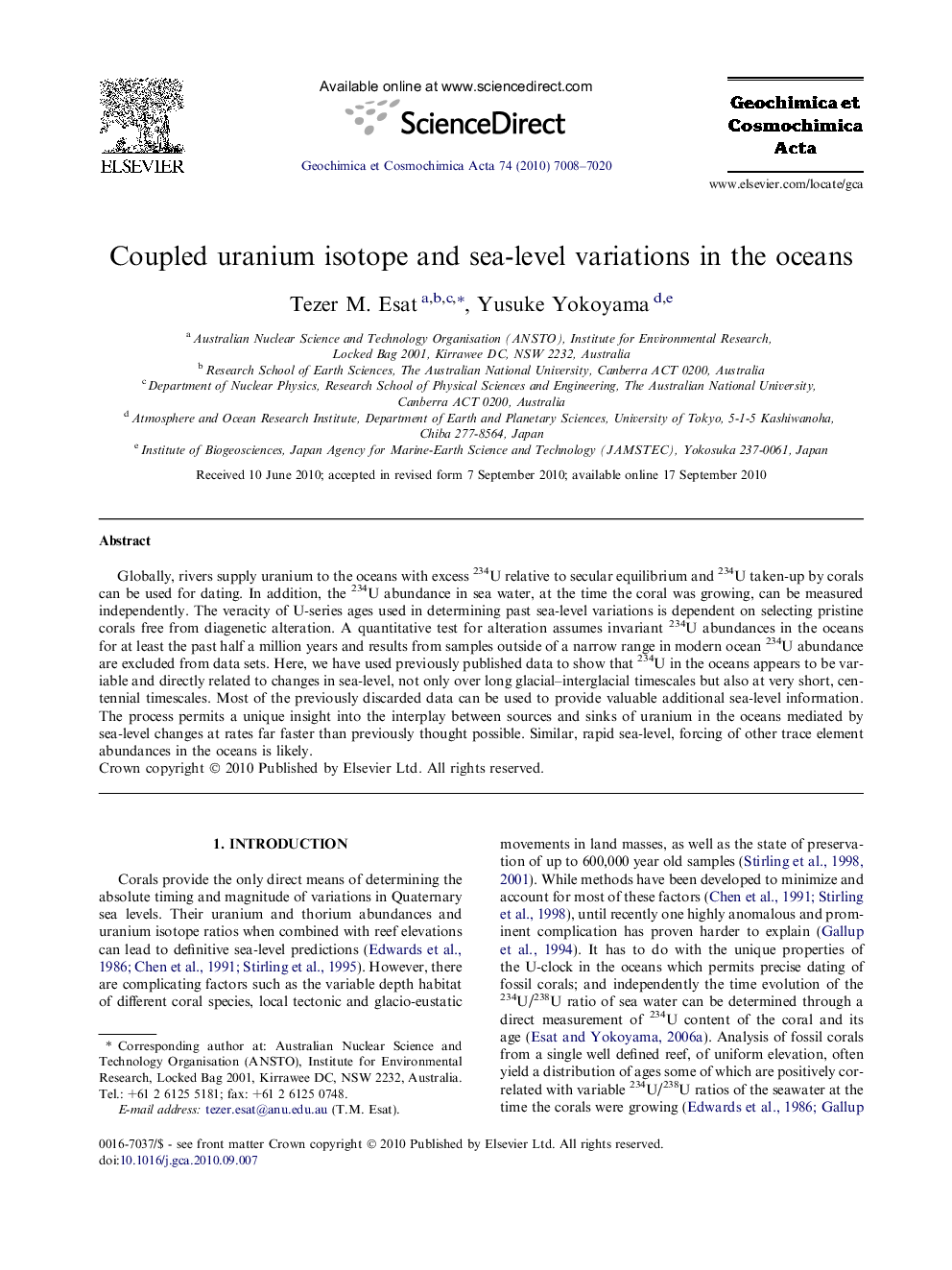 Coupled uranium isotope and sea-level variations in the oceans