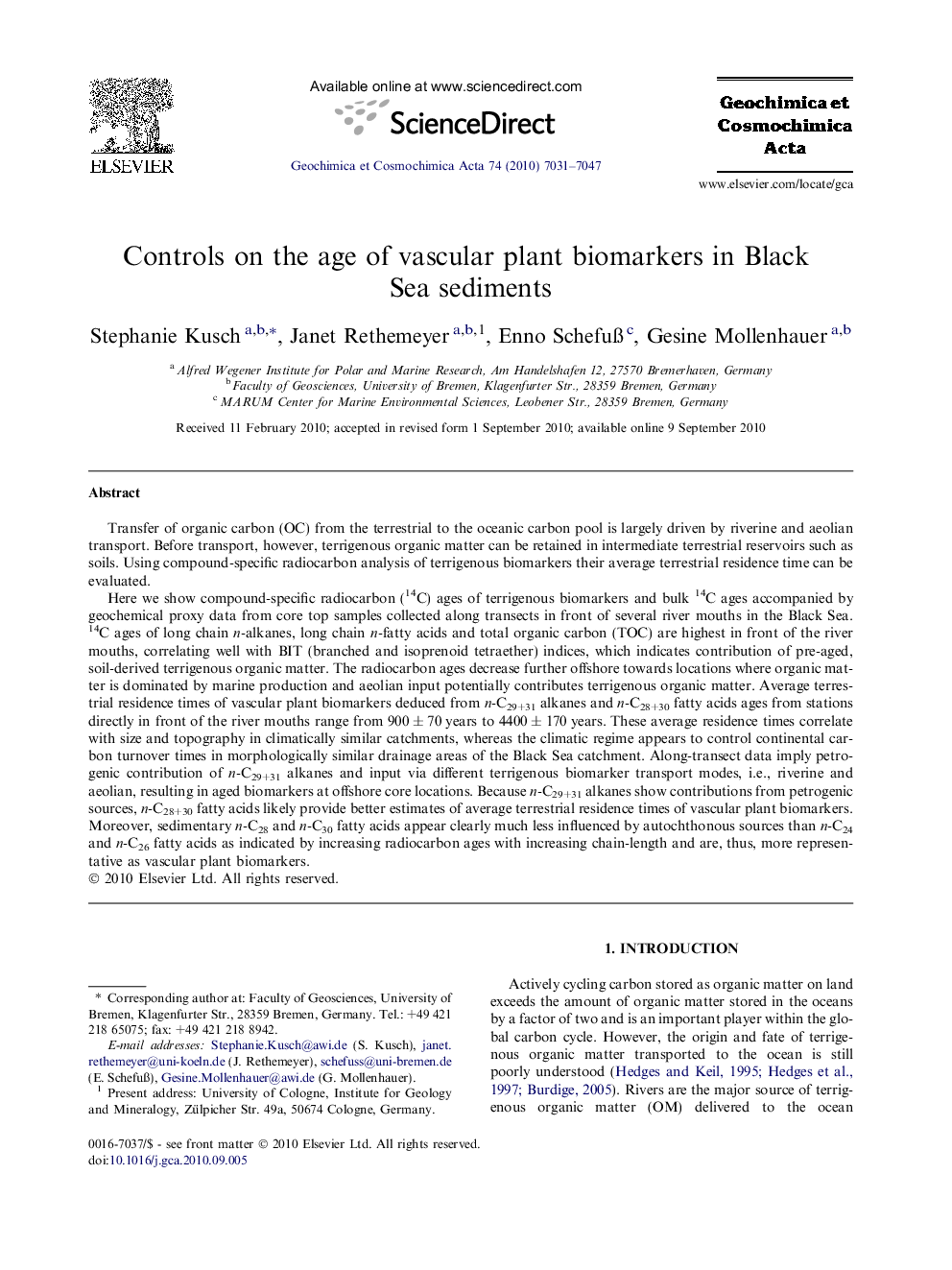 Controls on the age of vascular plant biomarkers in Black Sea sediments