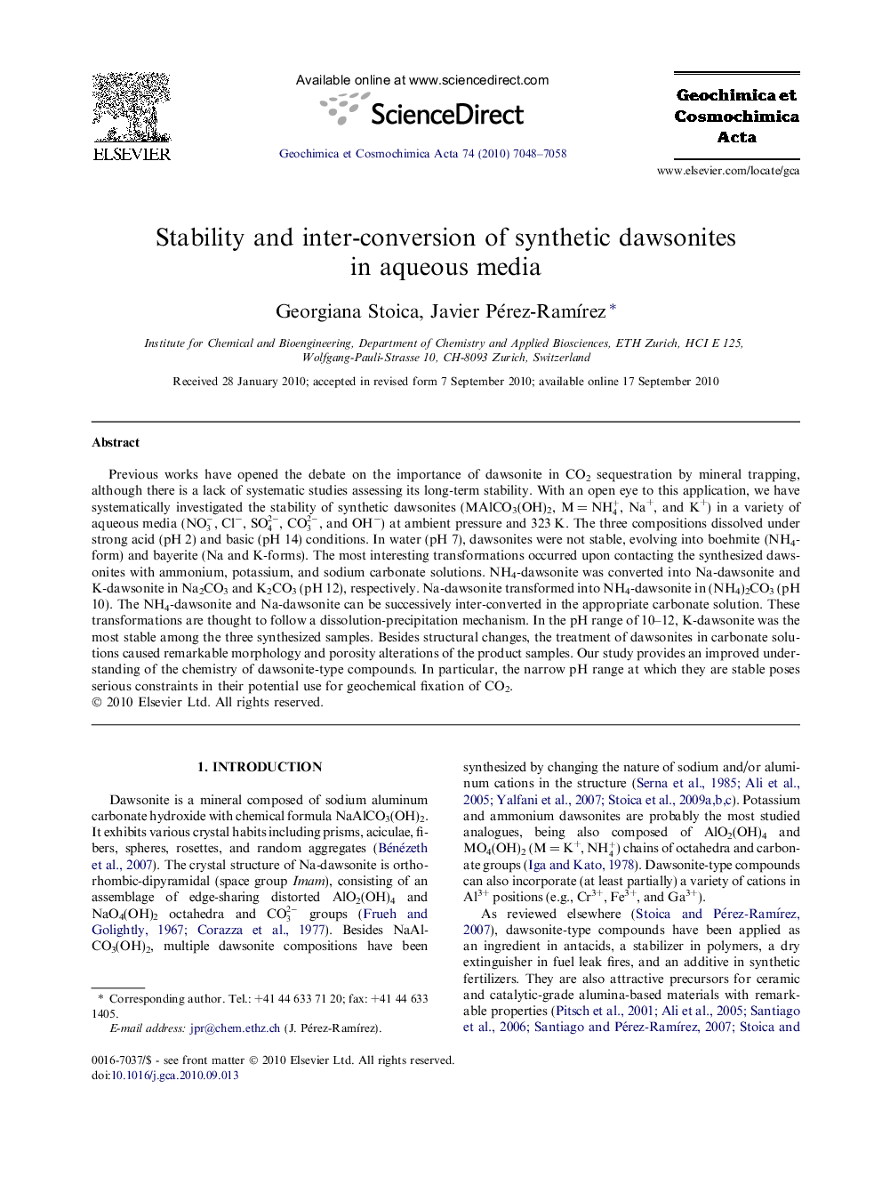Stability and inter-conversion of synthetic dawsonites in aqueous media