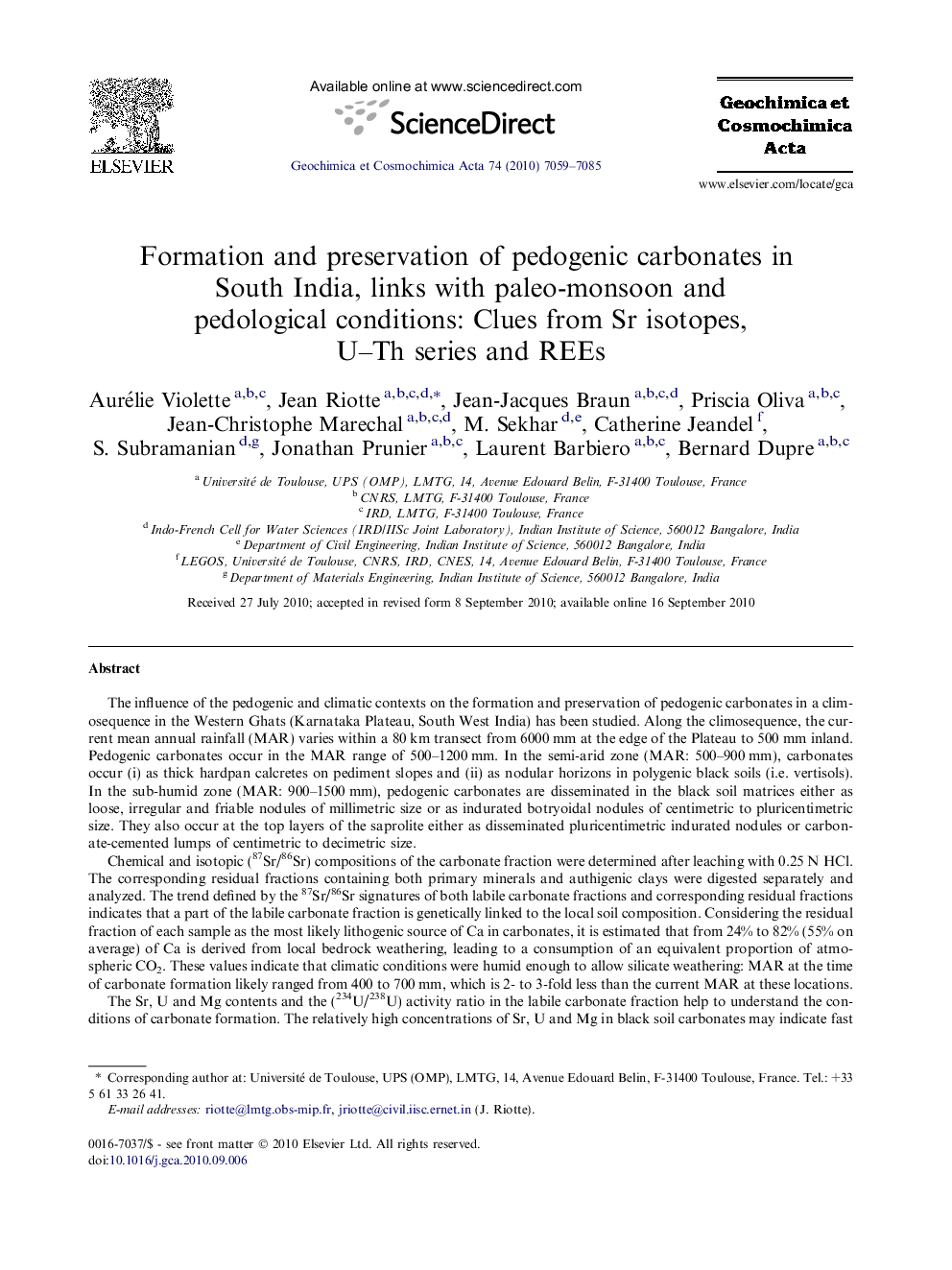 Formation and preservation of pedogenic carbonates in South India, links with paleo-monsoon and pedological conditions: Clues from Sr isotopes, U–Th series and REEs