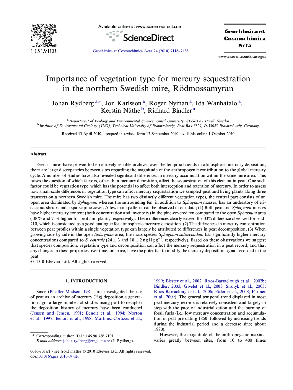 Importance of vegetation type for mercury sequestration in the northern Swedish mire, Rödmossamyran