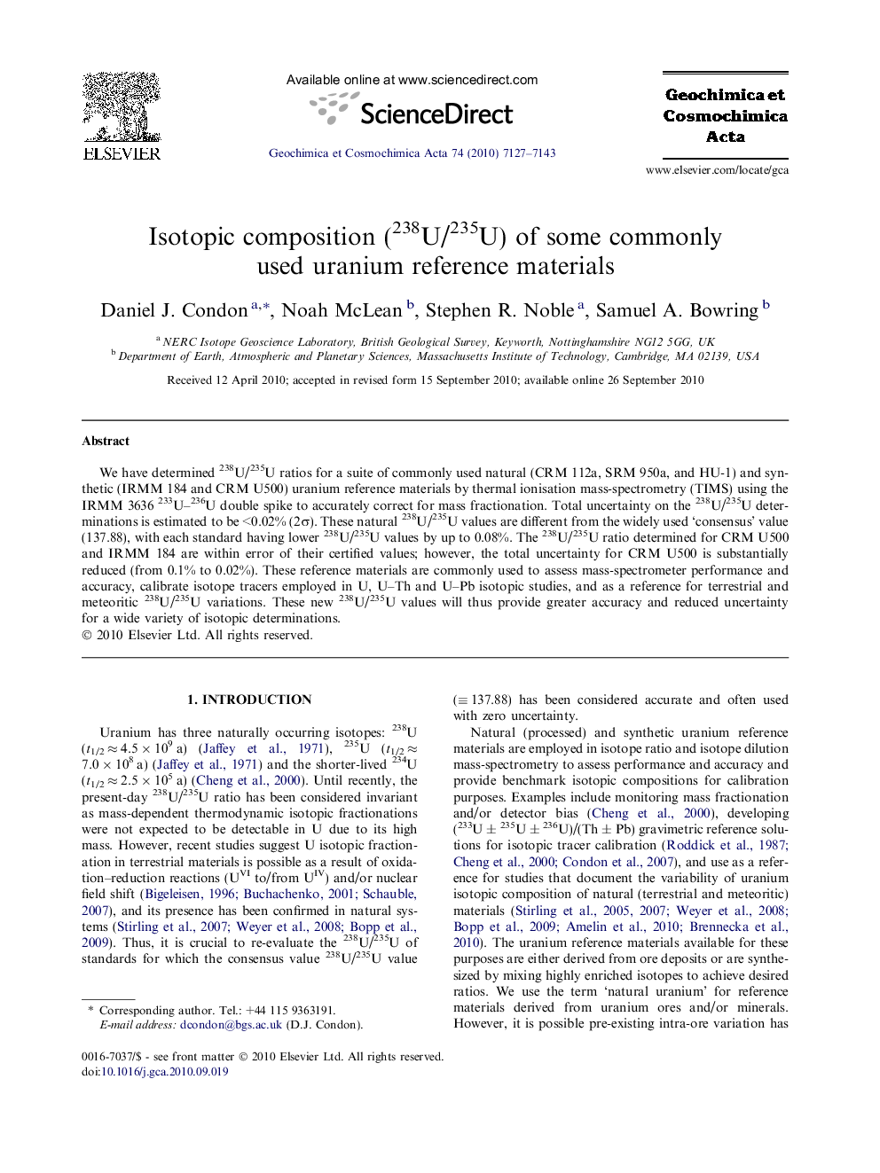 Isotopic composition (238U/235U) of some commonly used uranium reference materials