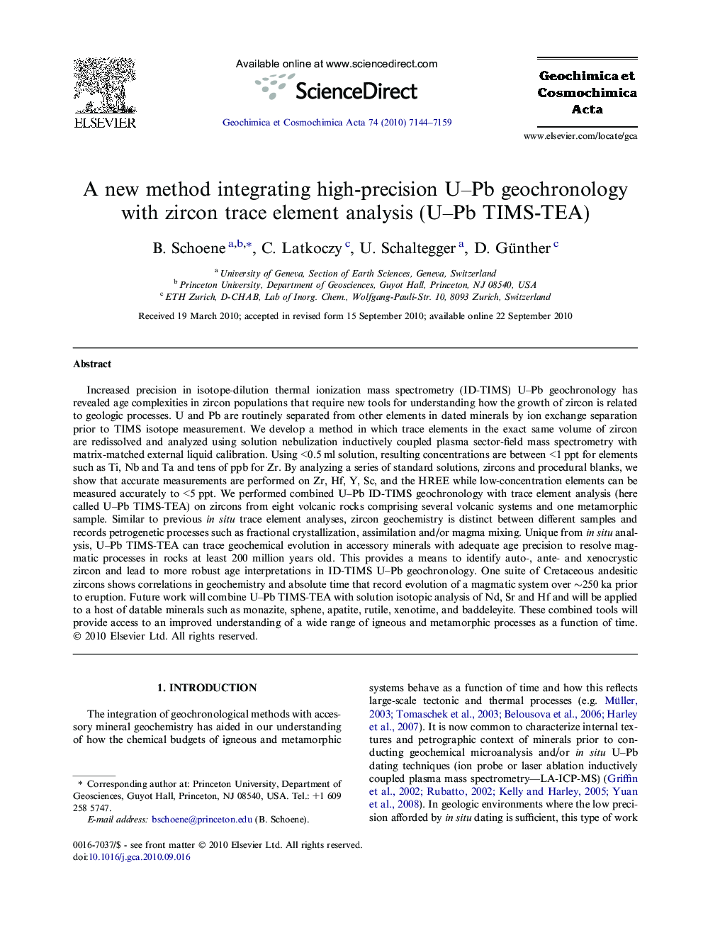 A new method integrating high-precision U–Pb geochronology with zircon trace element analysis (U–Pb TIMS-TEA)