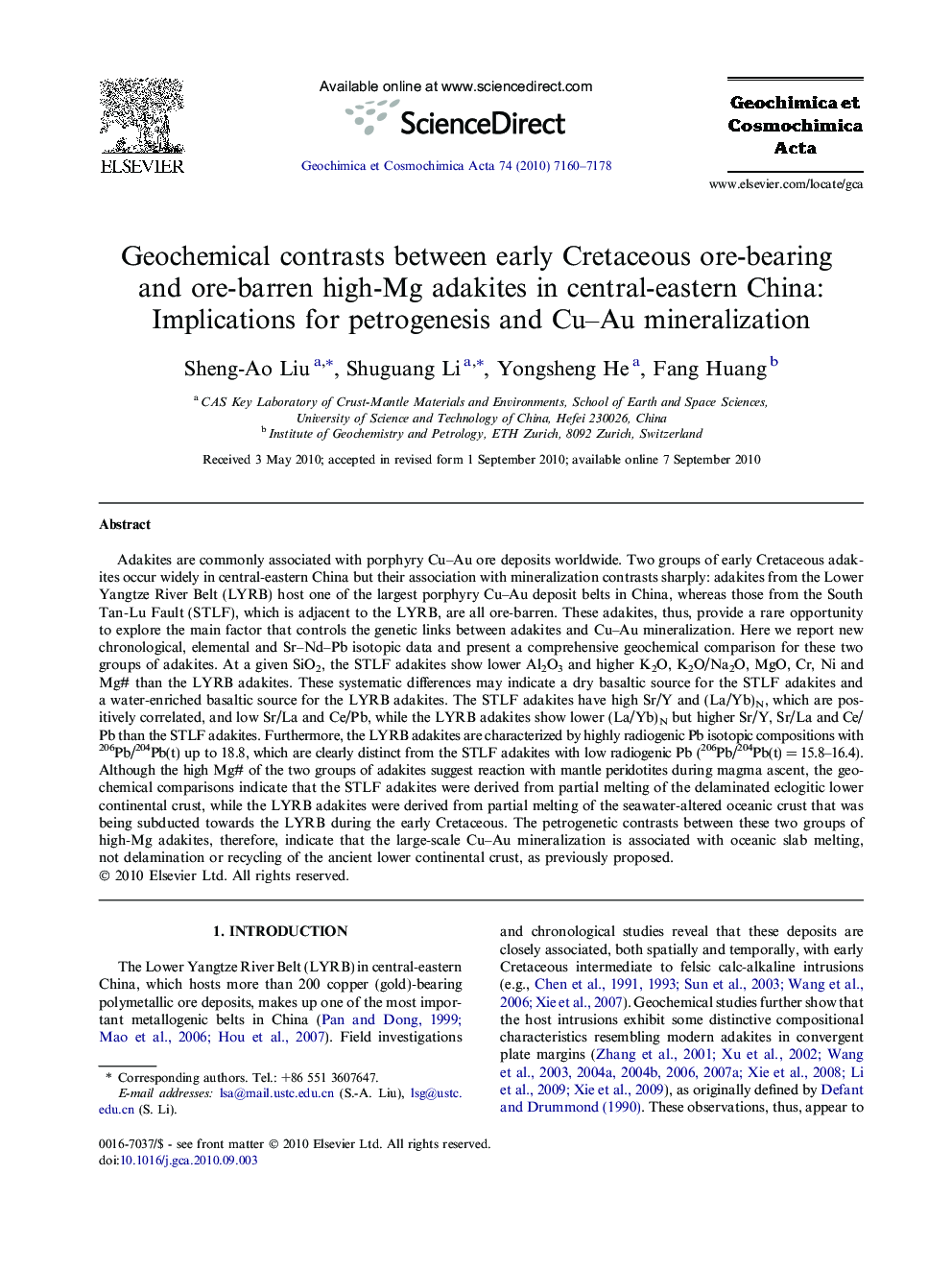Geochemical contrasts between early Cretaceous ore-bearing and ore-barren high-Mg adakites in central-eastern China: Implications for petrogenesis and Cu–Au mineralization