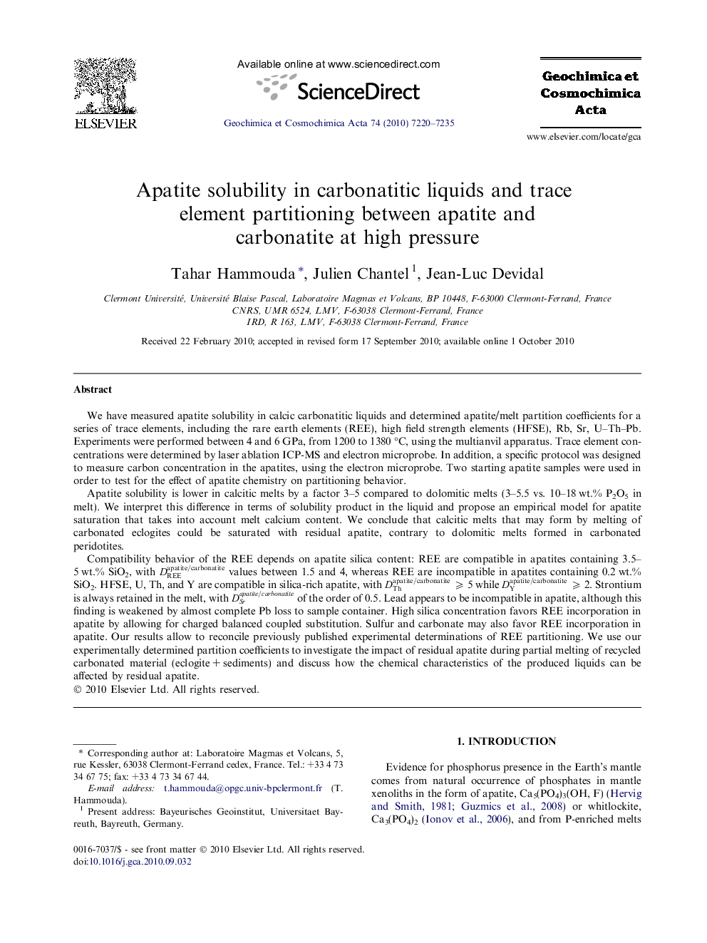 Apatite solubility in carbonatitic liquids and trace element partitioning between apatite and carbonatite at high pressure