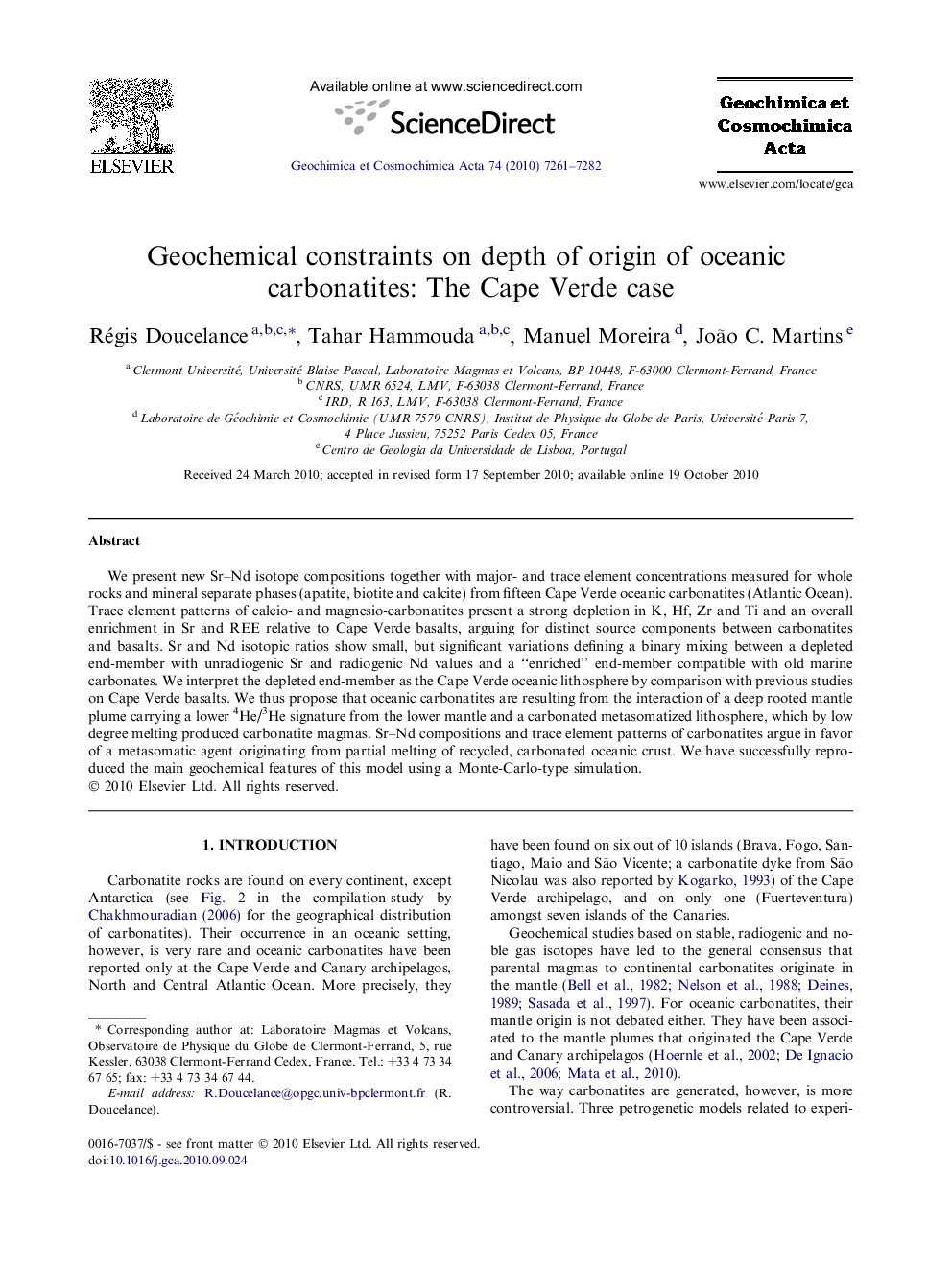 Geochemical constraints on depth of origin of oceanic carbonatites: The Cape Verde case
