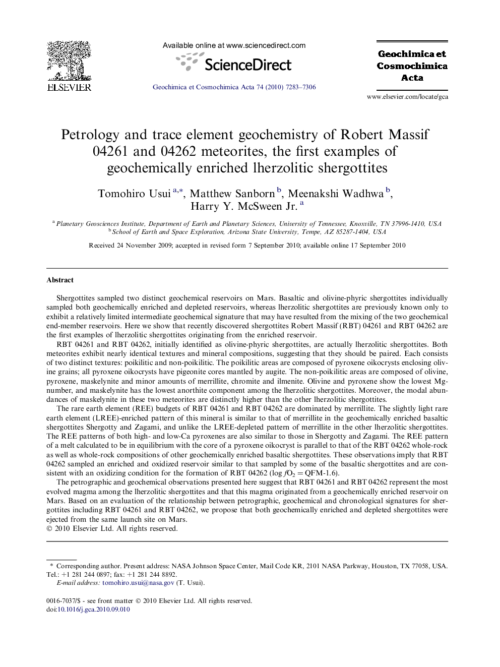 Petrology and trace element geochemistry of Robert Massif 04261 and 04262 meteorites, the first examples of geochemically enriched lherzolitic shergottites