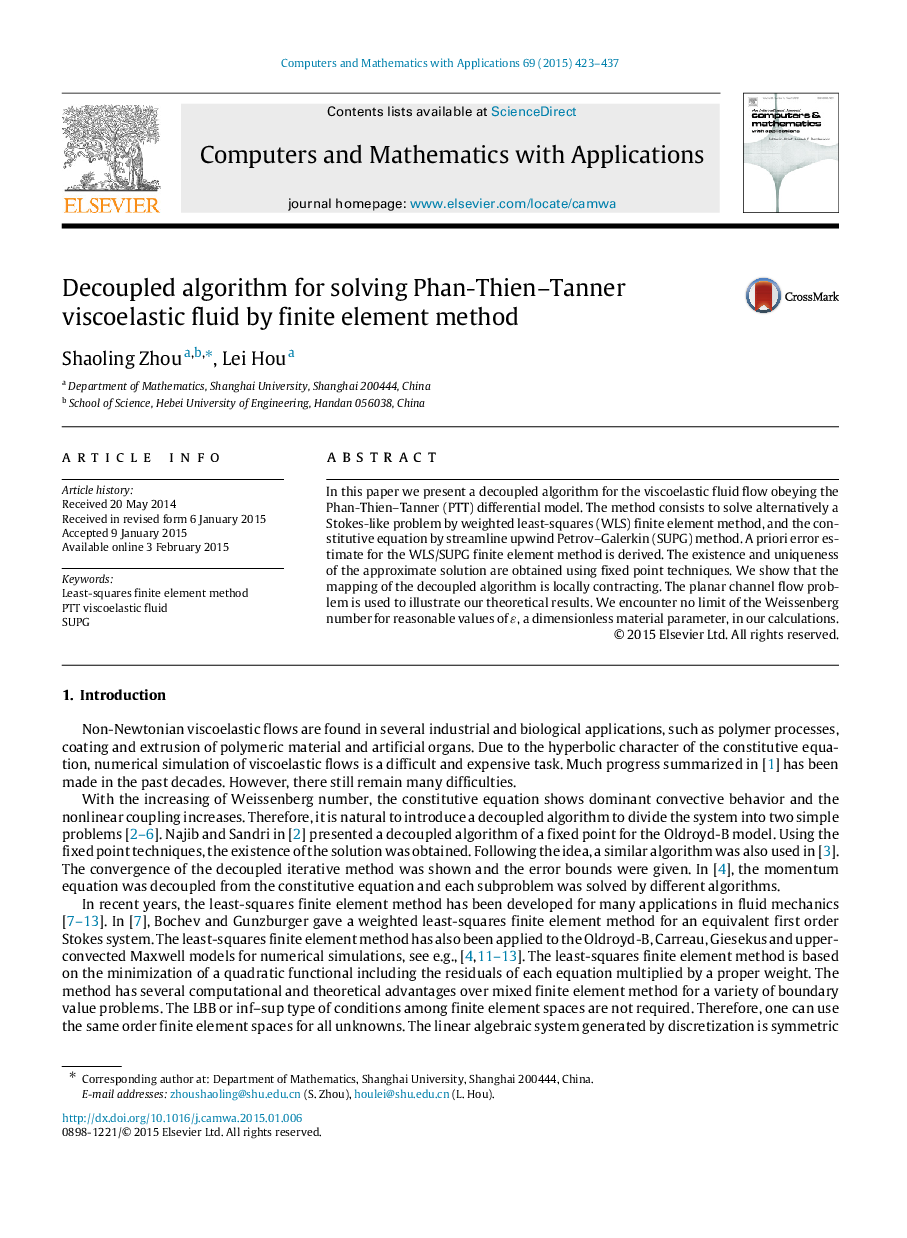 Decoupled algorithm for solving Phan-Thien–Tanner viscoelastic fluid by finite element method