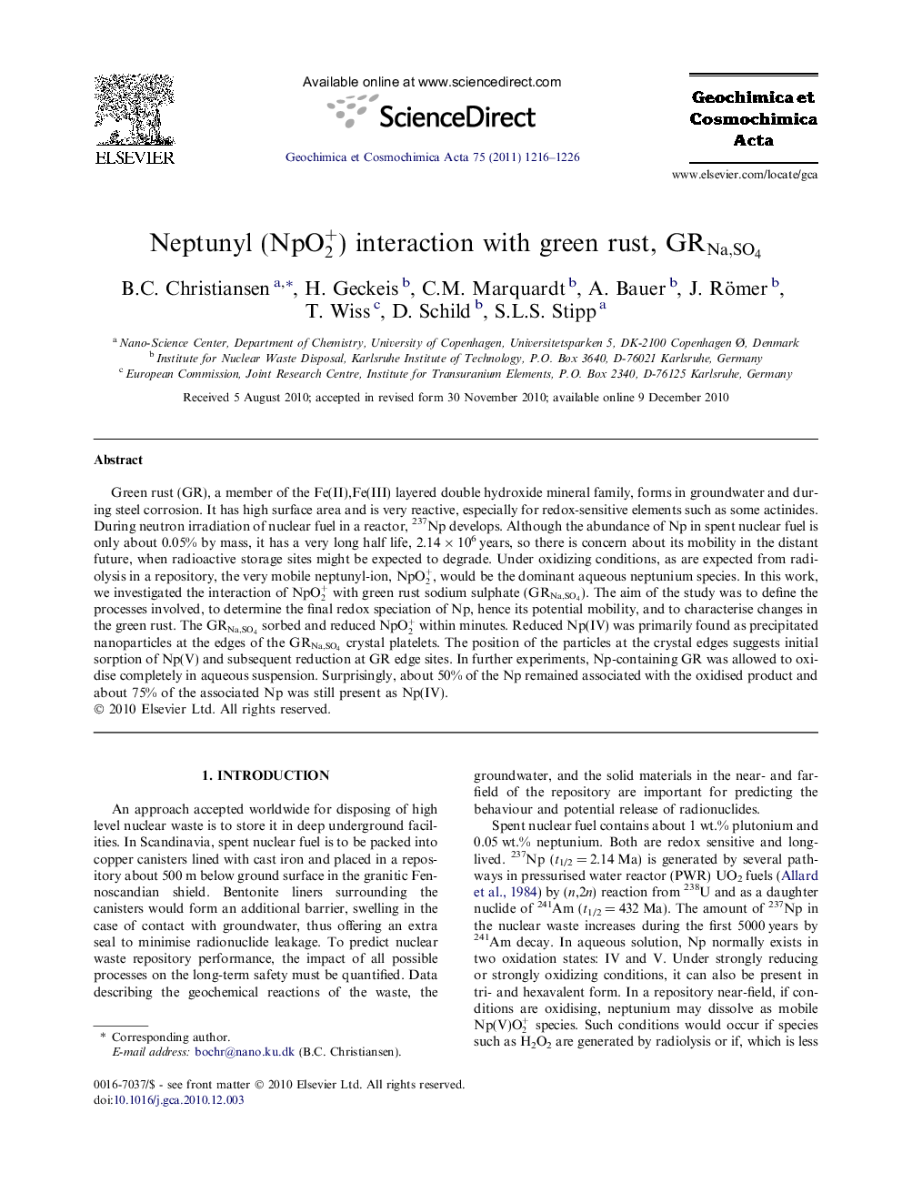 Neptunyl (NpO2+) interaction with green rust, GRNa,SO4GRNa,SO4
