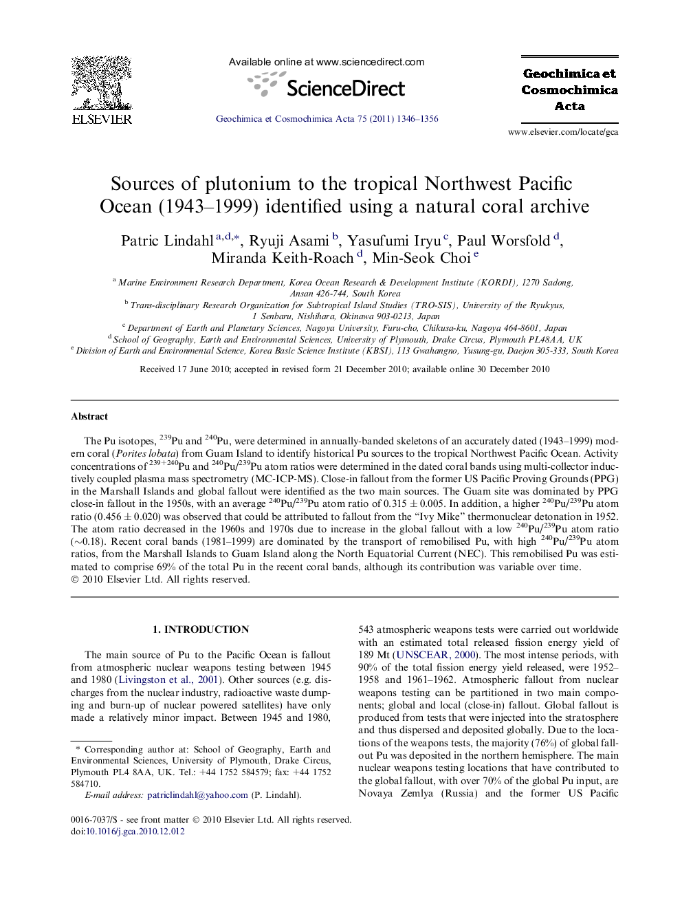 Sources of plutonium to the tropical Northwest Pacific Ocean (1943–1999) identified using a natural coral archive