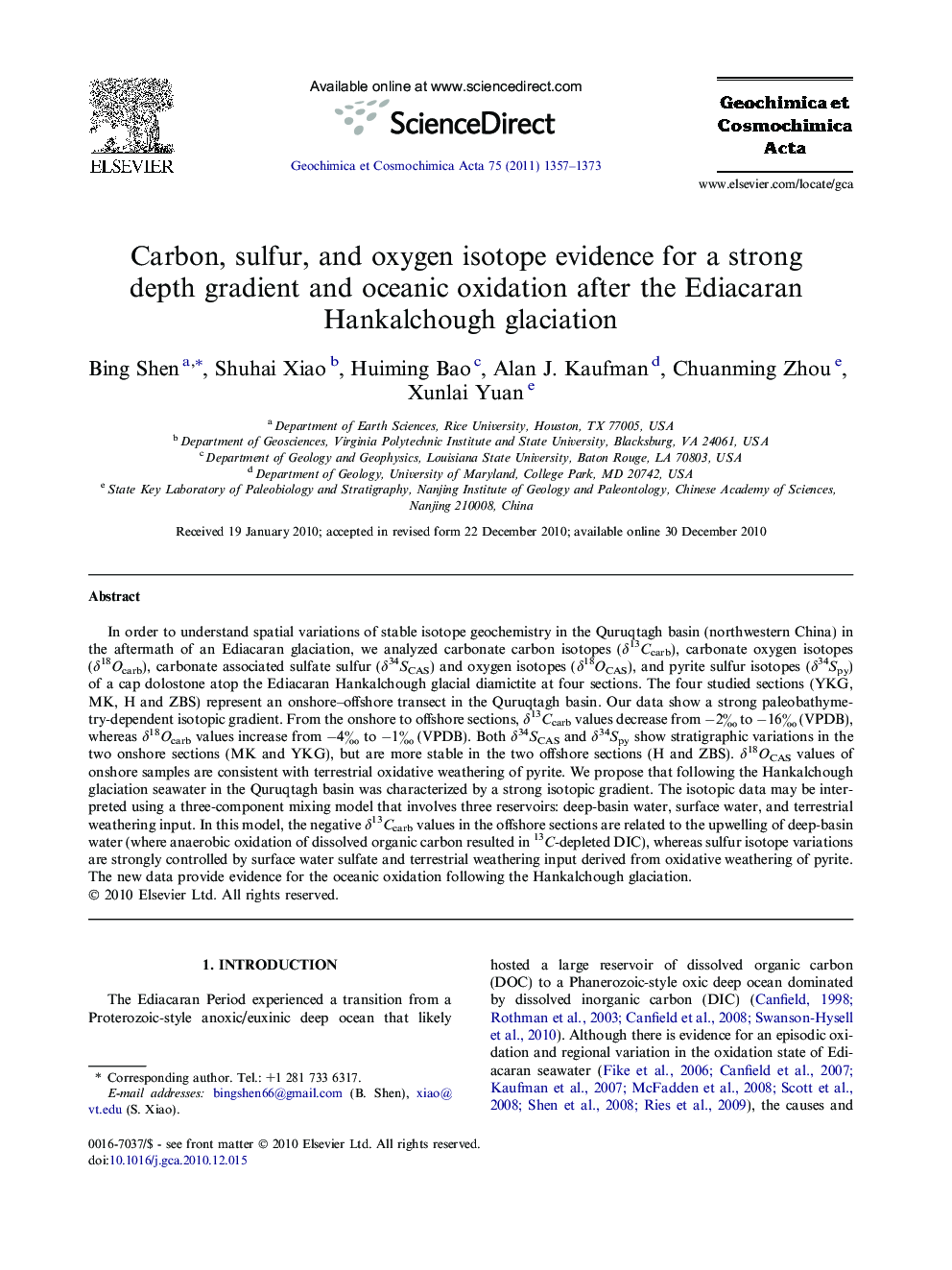 Carbon, sulfur, and oxygen isotope evidence for a strong depth gradient and oceanic oxidation after the Ediacaran Hankalchough glaciation