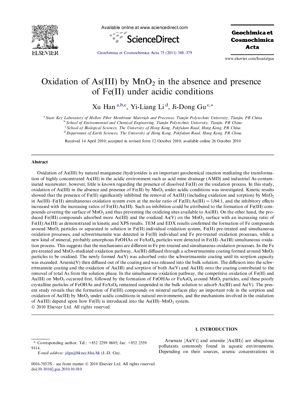 Oxidation of As(III) by MnO2 in the absence and presence of Fe(II) under acidic conditions