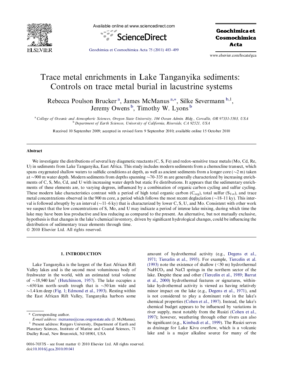 Trace metal enrichments in Lake Tanganyika sediments: Controls on trace metal burial in lacustrine systems