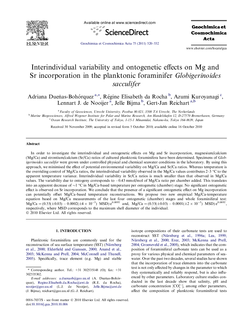 Interindividual variability and ontogenetic effects on Mg and Sr incorporation in the planktonic foraminifer Globigerinoides sacculifer