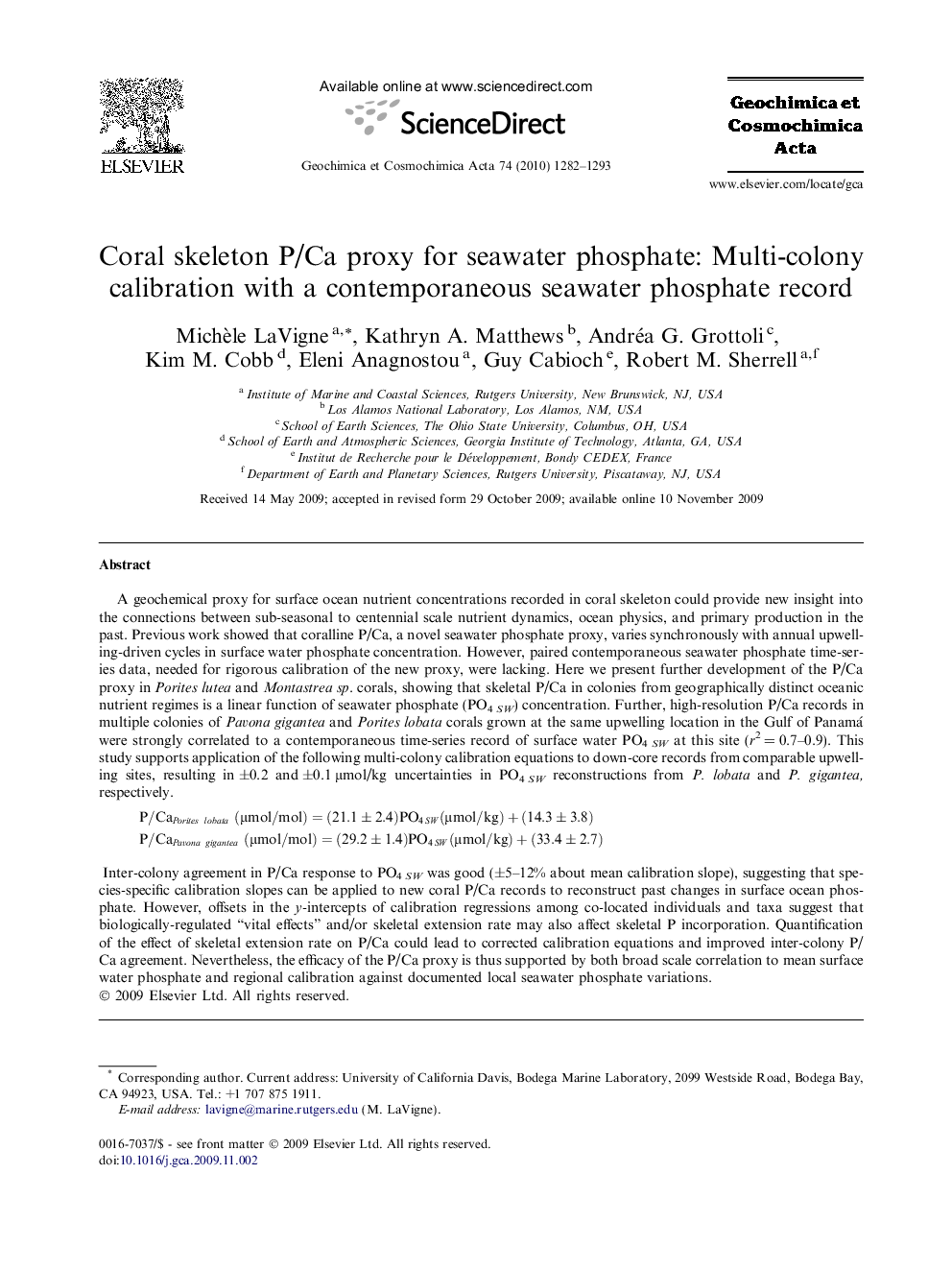 Coral skeleton P/Ca proxy for seawater phosphate: Multi-colony calibration with a contemporaneous seawater phosphate record