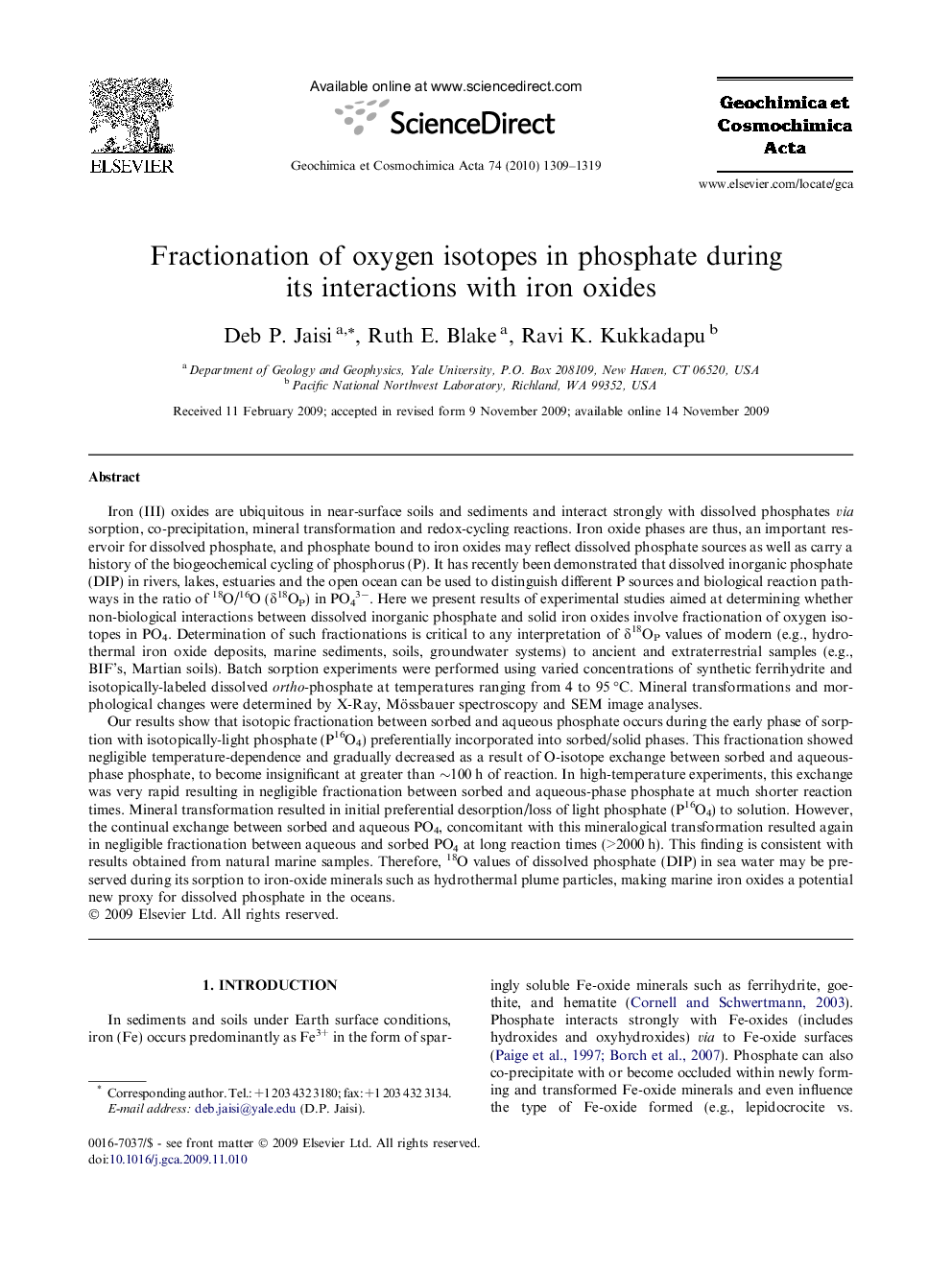 Fractionation of oxygen isotopes in phosphate during its interactions with iron oxides
