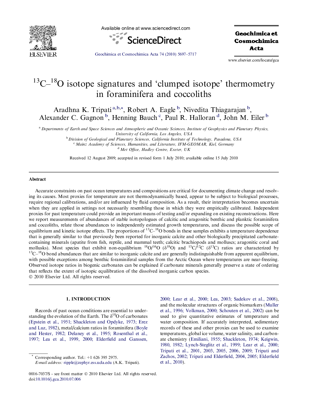 13C–18O isotope signatures and ‘clumped isotope’ thermometry in foraminifera and coccoliths