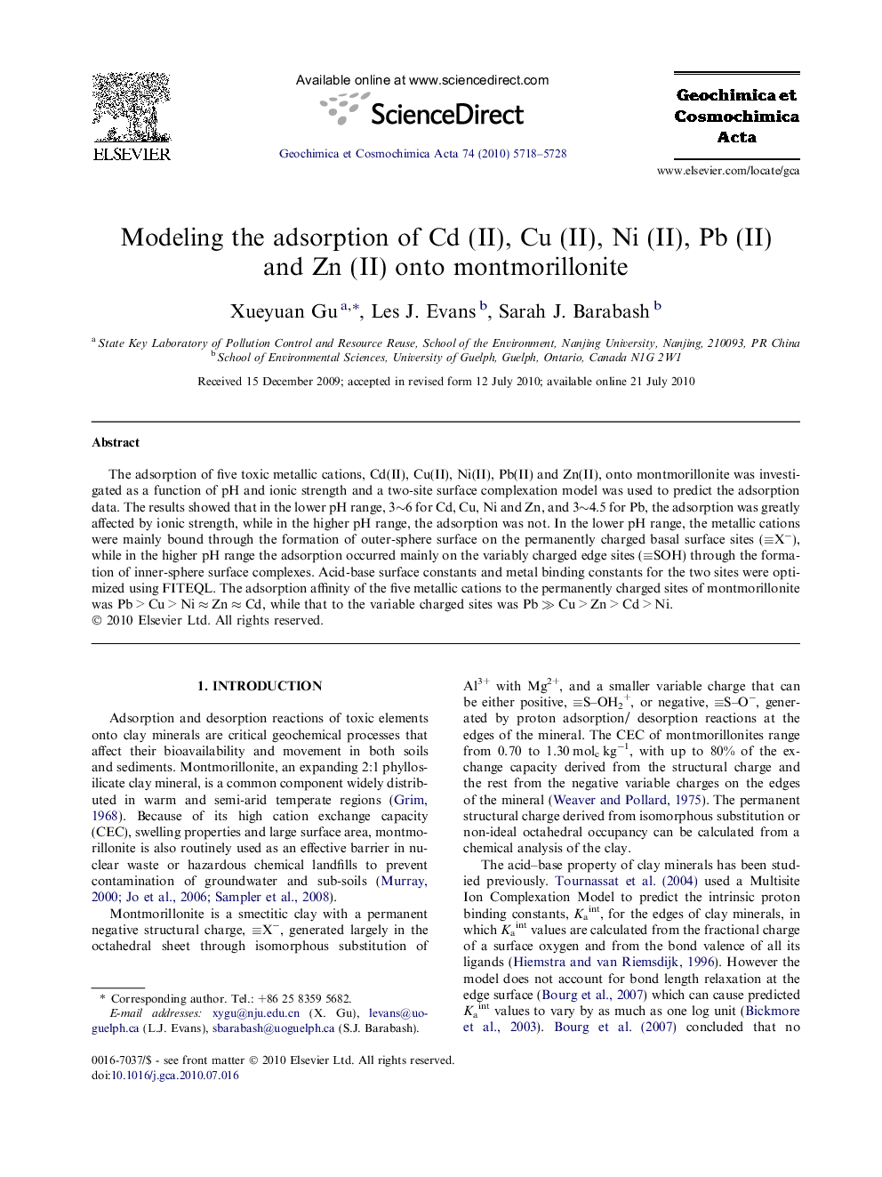 Modeling the adsorption of Cd (II), Cu (II), Ni (II), Pb (II) and Zn (II) onto montmorillonite