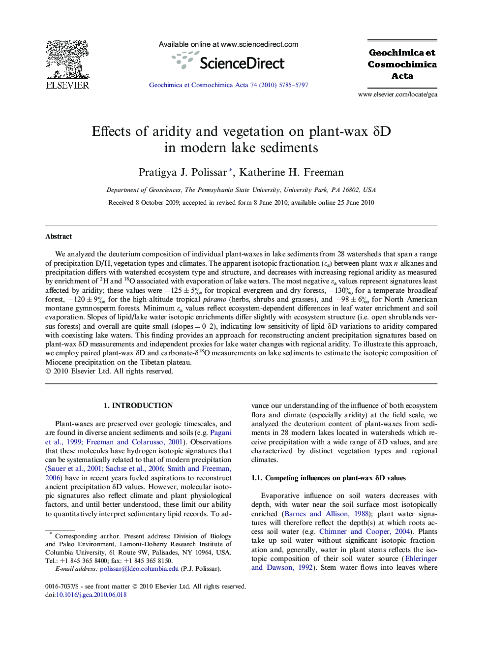 Effects of aridity and vegetation on plant-wax δD in modern lake sediments