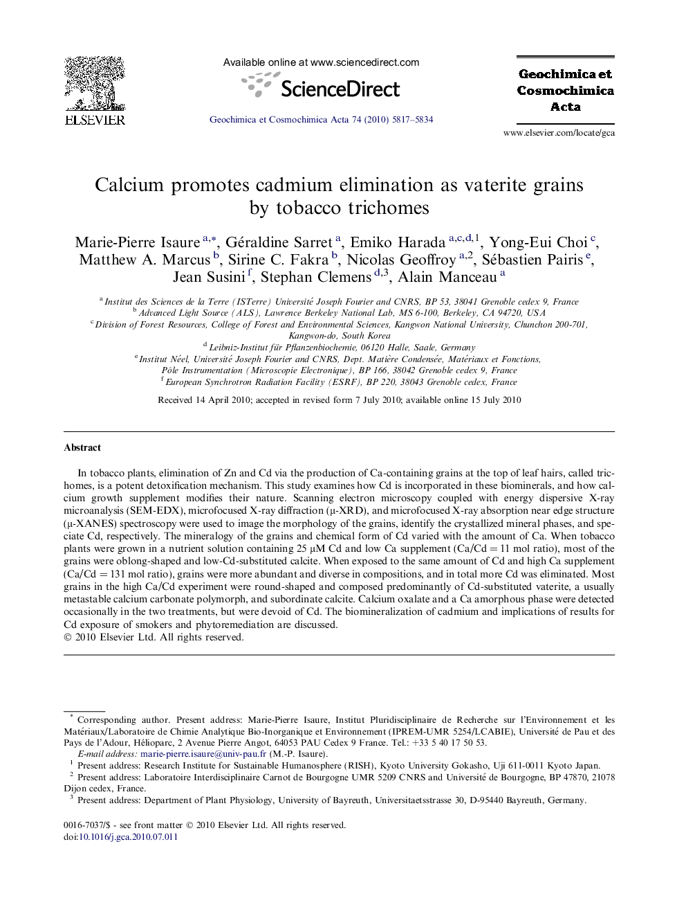 Calcium promotes cadmium elimination as vaterite grains by tobacco trichomes
