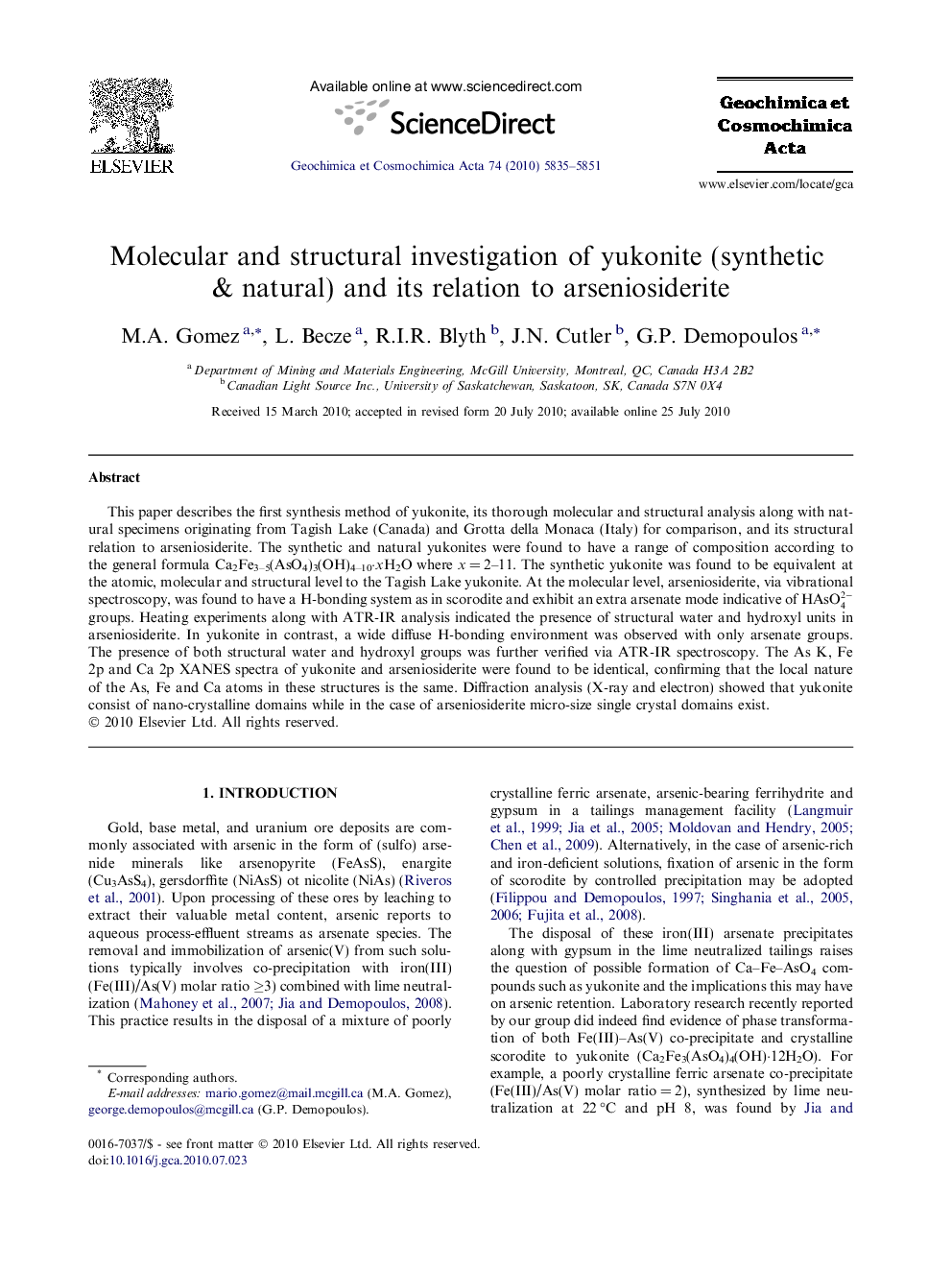 Molecular and structural investigation of yukonite (synthetic & natural) and its relation to arseniosiderite