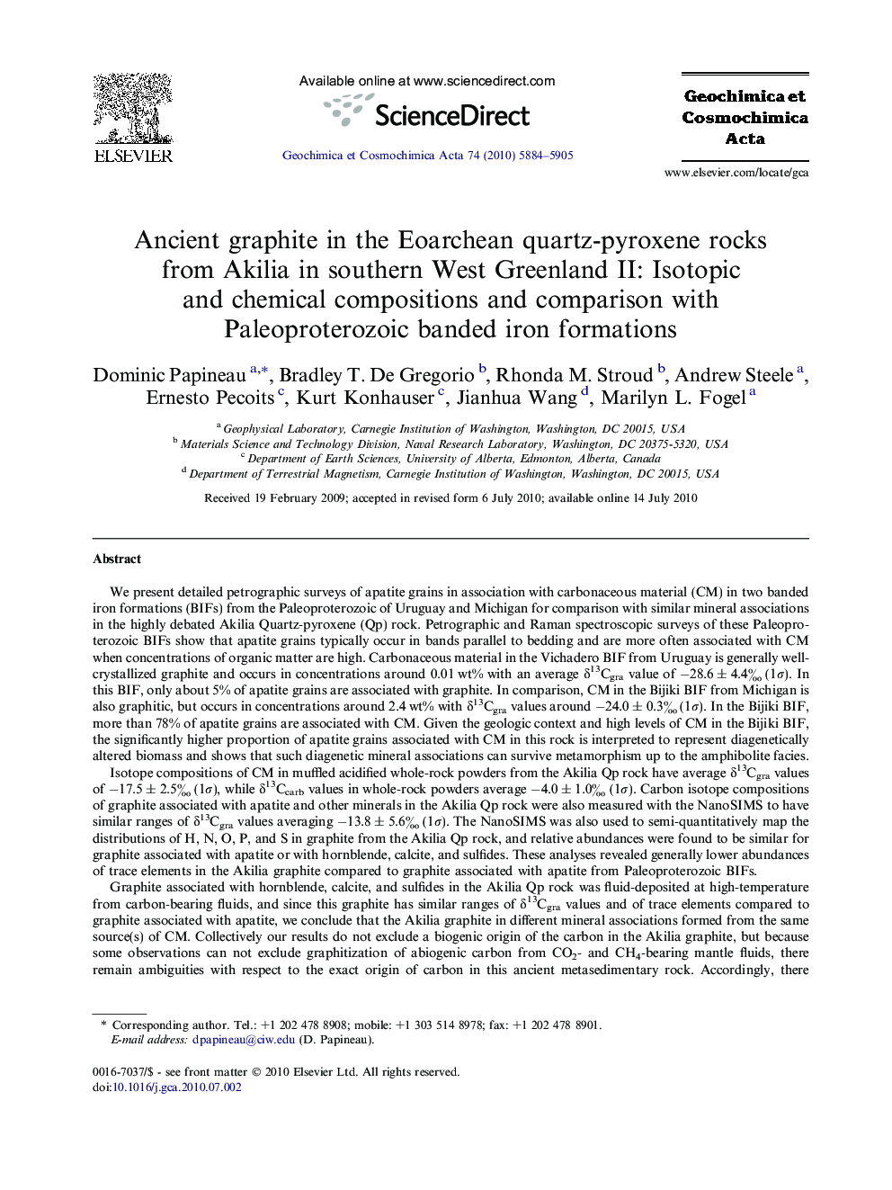 Ancient graphite in the Eoarchean quartz-pyroxene rocks from Akilia in southern West Greenland II: Isotopic and chemical compositions and comparison with Paleoproterozoic banded iron formations