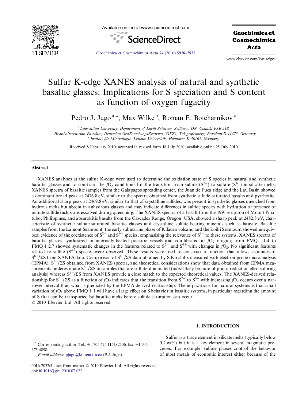 Sulfur K-edge XANES analysis of natural and synthetic basaltic glasses: Implications for S speciation and S content as function of oxygen fugacity