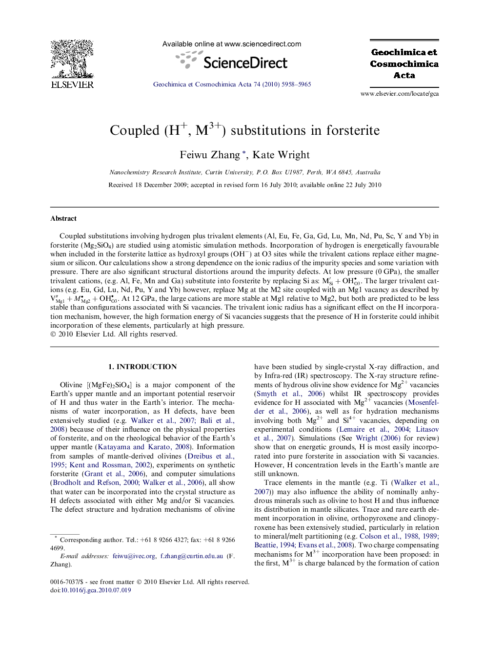 Coupled (H+, M3+) substitutions in forsterite