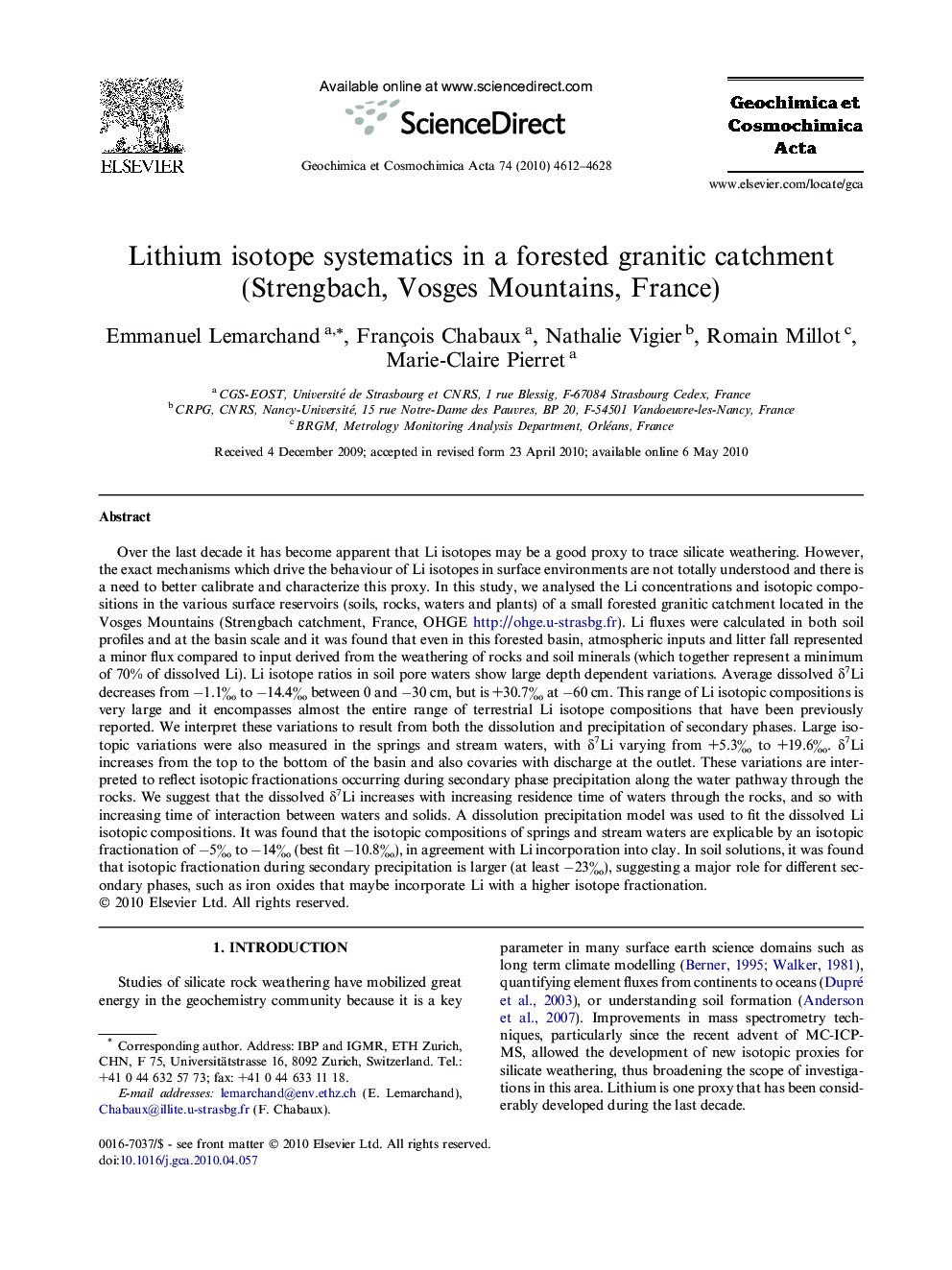 Lithium isotope systematics in a forested granitic catchment (Strengbach, Vosges Mountains, France)