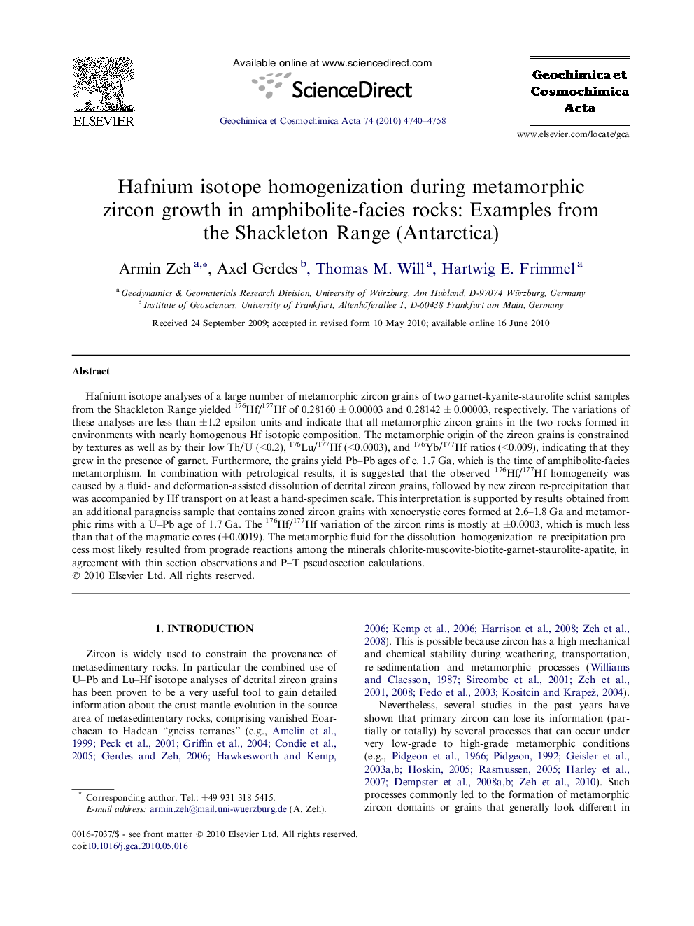 Hafnium isotope homogenization during metamorphic zircon growth in amphibolite-facies rocks: Examples from the Shackleton Range (Antarctica)