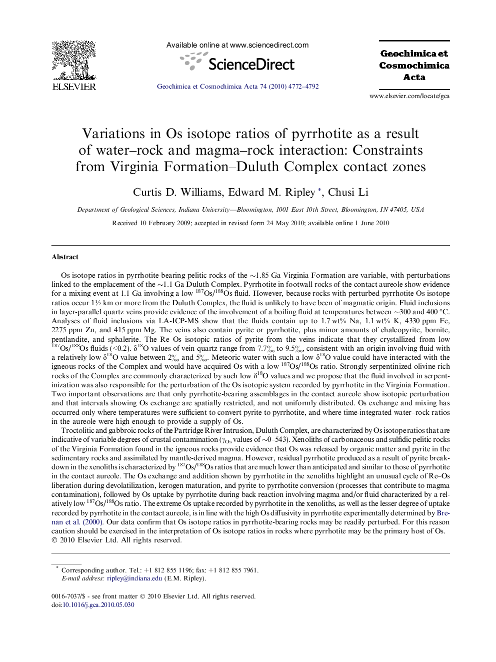 Variations in Os isotope ratios of pyrrhotite as a result of water–rock and magma–rock interaction: Constraints from Virginia Formation–Duluth Complex contact zones
