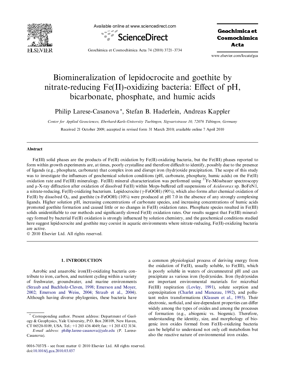 Biomineralization of lepidocrocite and goethite by nitrate-reducing Fe(II)-oxidizing bacteria: Effect of pH, bicarbonate, phosphate, and humic acids