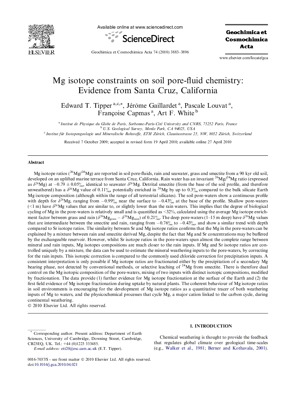 Mg isotope constraints on soil pore-fluid chemistry: Evidence from Santa Cruz, California