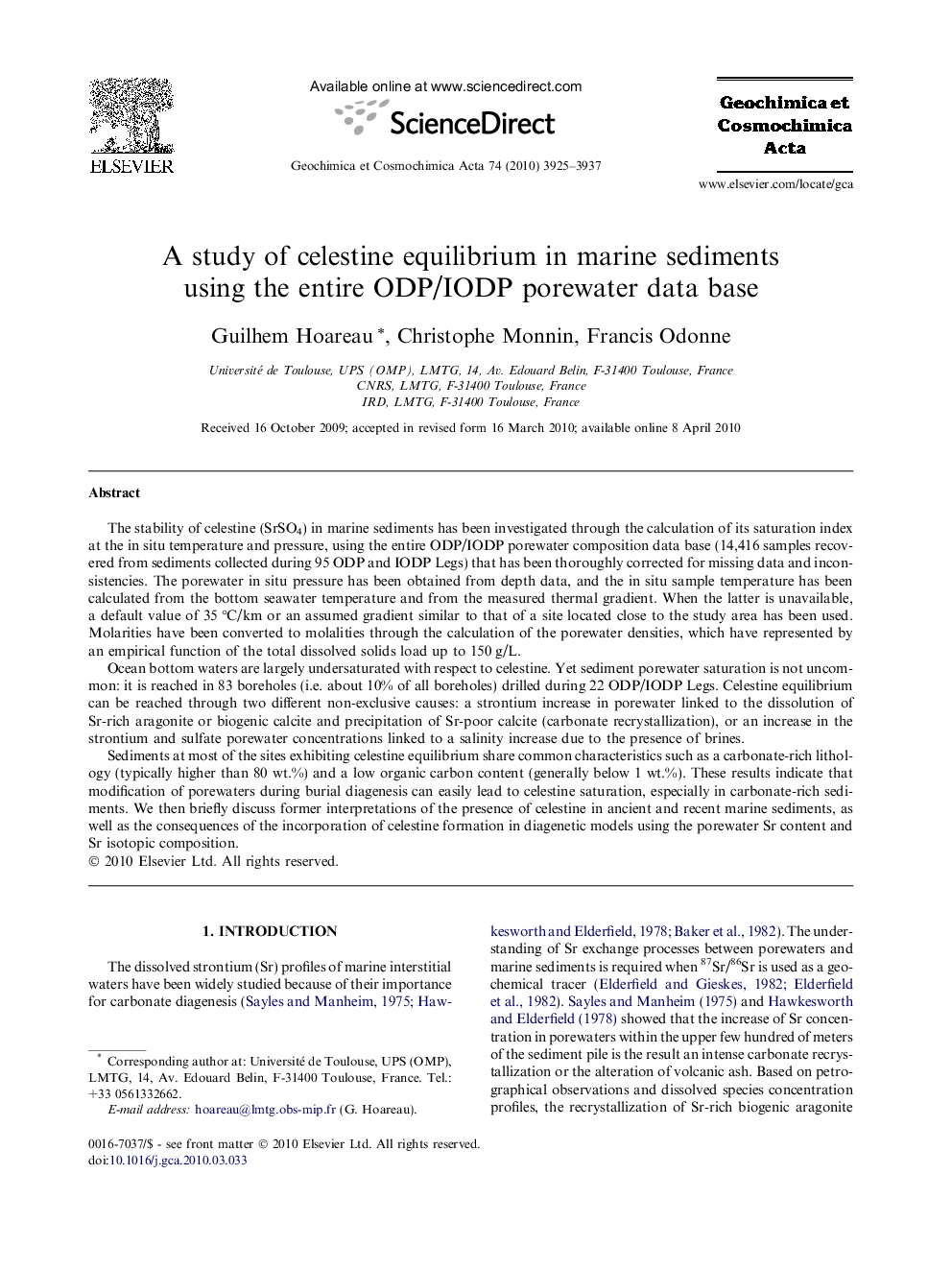 A study of celestine equilibrium in marine sediments using the entire ODP/IODP porewater data base
