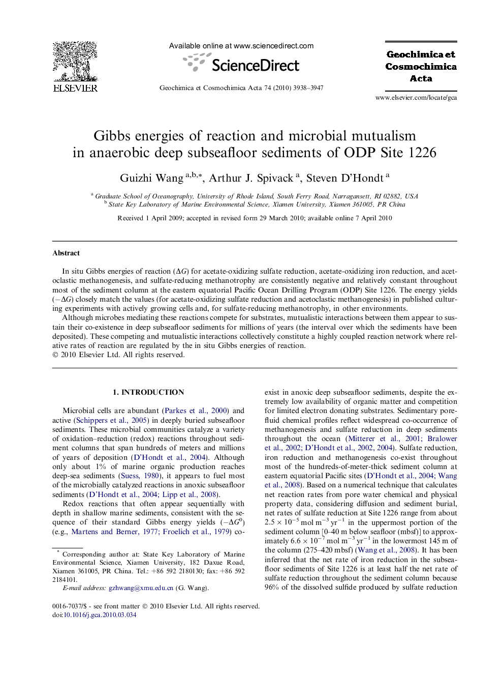 Gibbs energies of reaction and microbial mutualism in anaerobic deep subseafloor sediments of ODP Site 1226